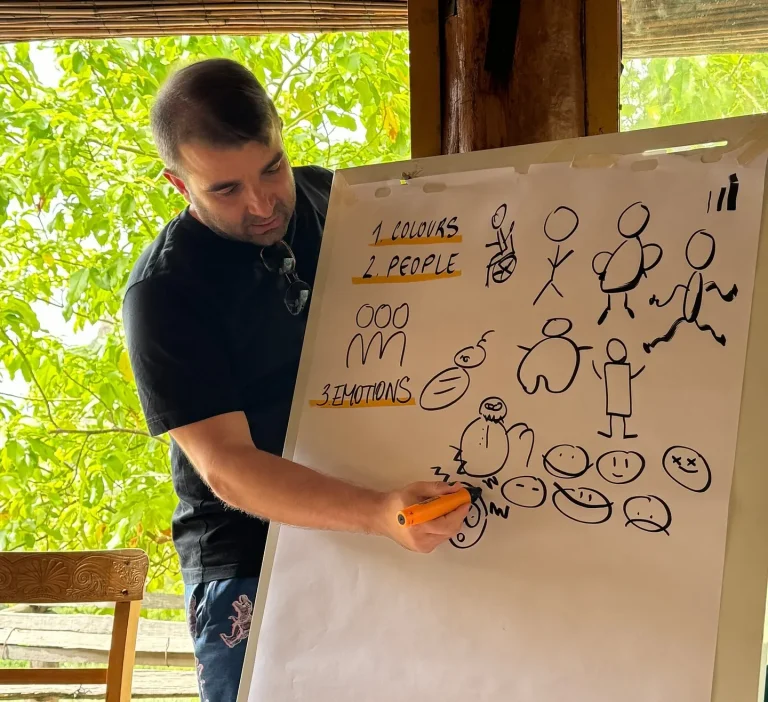 Fabio Meazza drawing people and emotions on a flipchart during a workshop